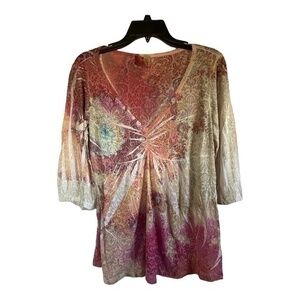 Suki Jones Womens Floral Burnout Tie Dye 3/4 Sleeve Tunic Top Size Medium